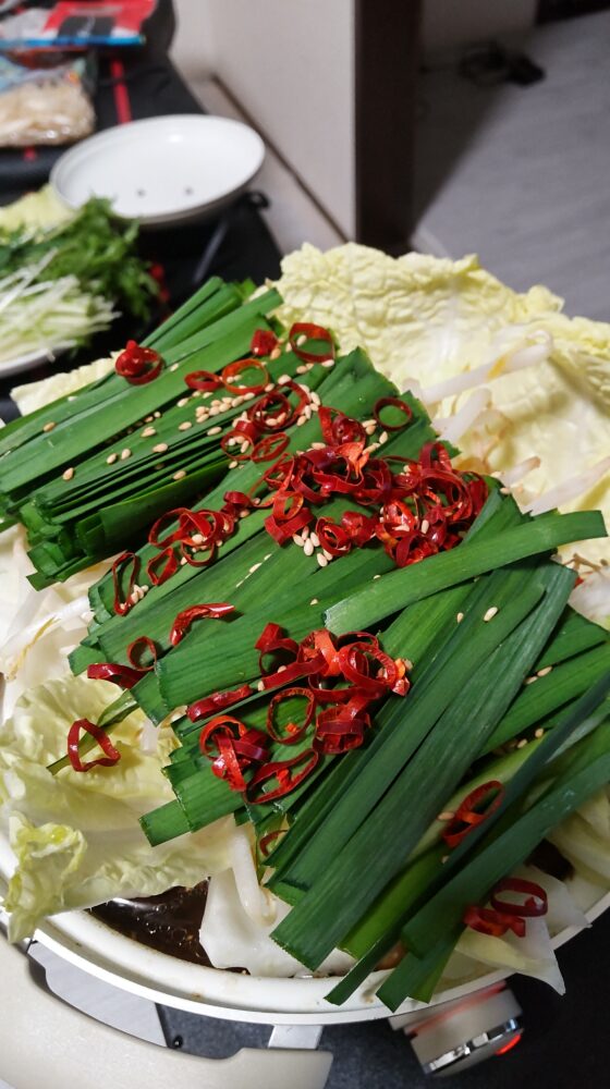 モノクロームの電気鍋で白菜やニラなどを煮込む一人暮らしの鍋料理