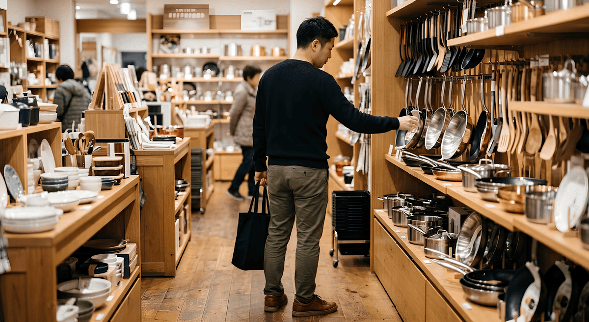管理人ショウの後ろ姿。キッチン用品店で物色中の風景。