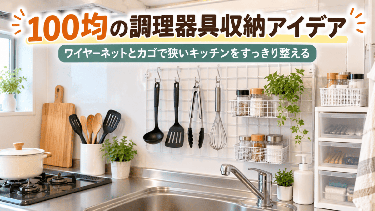 100均グッズのワイヤーネットやカゴを使って、狭いキッチンの調理器具を壁面収納している様子