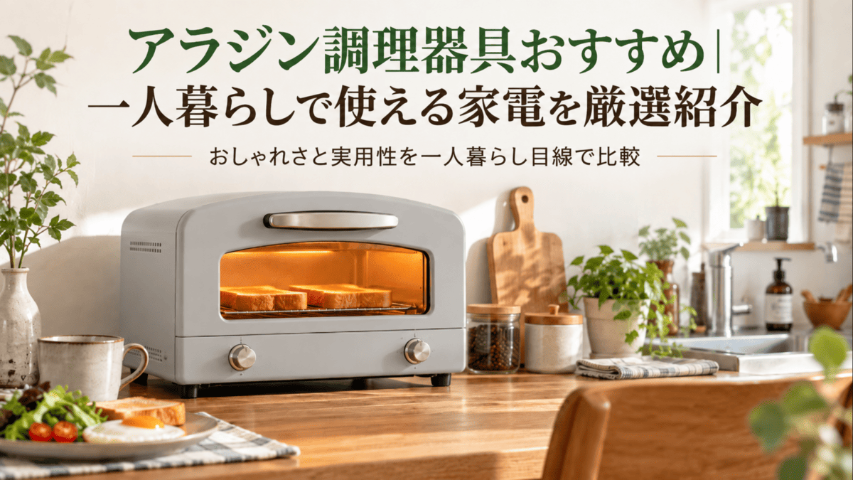 一人暮らし向けのキッチンに置かれた薄いグレーのトースターを使ったアラジン調理器具のイメージ
