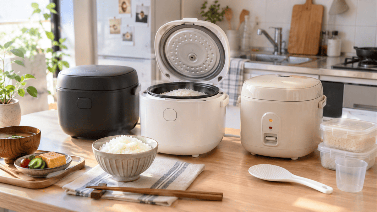 一人暮らし向けの安い炊飯器を比較するイメージ。3台のコンパクトな炊飯器と炊きたての白米