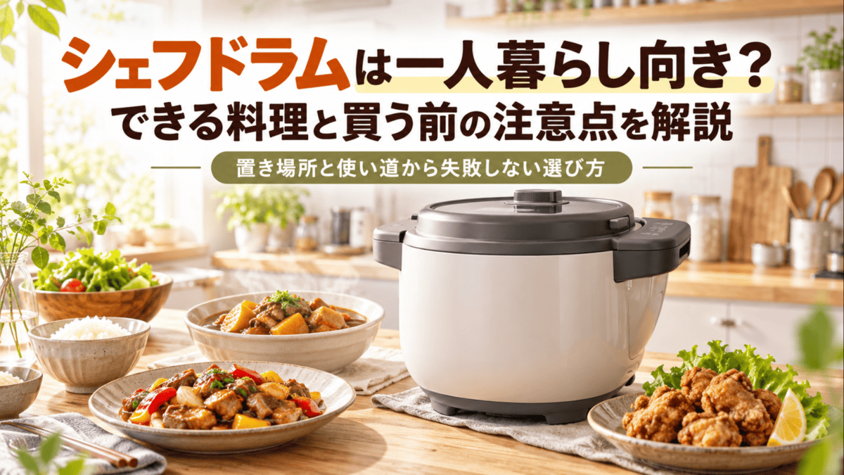 一人暮らし向けのシェフドラムで炒め物や煮込み料理、唐揚げを作るイメージ