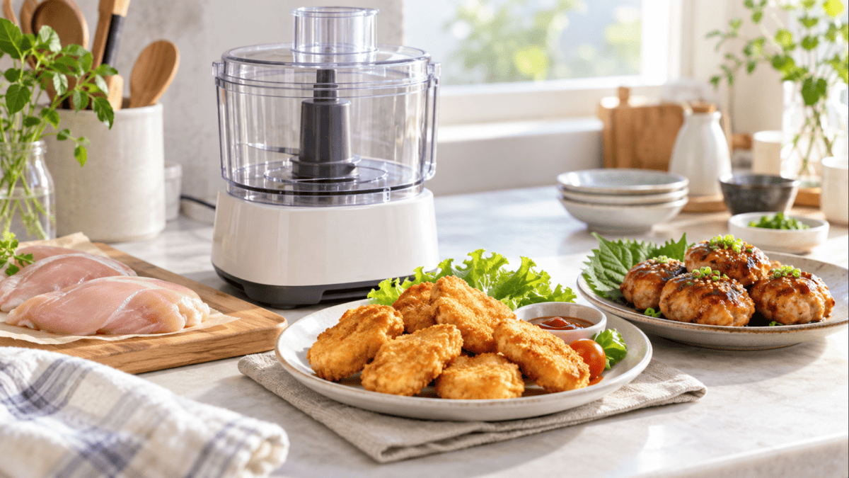フードプロセッサーと鶏むね肉、完成したチキンナゲットとつくねを明るいキッチンで並べたイメージ