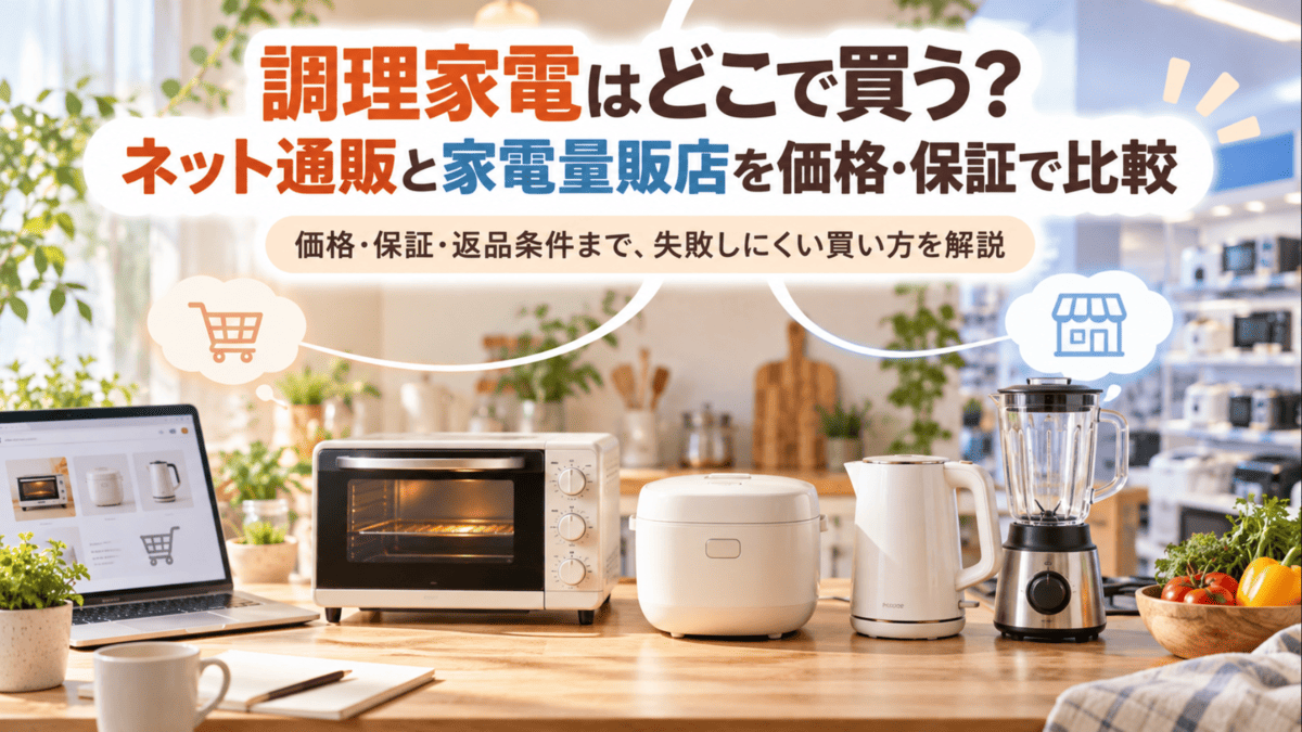調理家電をどこで買うかネット通販と家電量販店で比較するイメージ