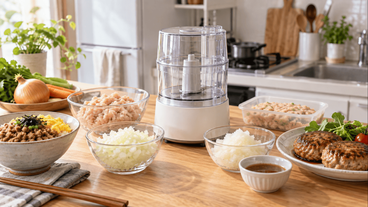 一人暮らしのキッチンでフードプロセッサーを中心に、鶏ひき肉、みじん切り玉ねぎ、大根おろし、そぼろ丼、ハンバーグを並べた活用イメージ