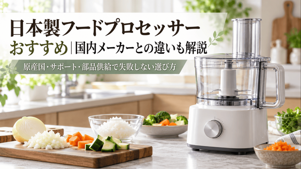 日本製フードプロセッサーをイメージした白いフードプロセッサーと刻んだ野菜が並ぶキッチン