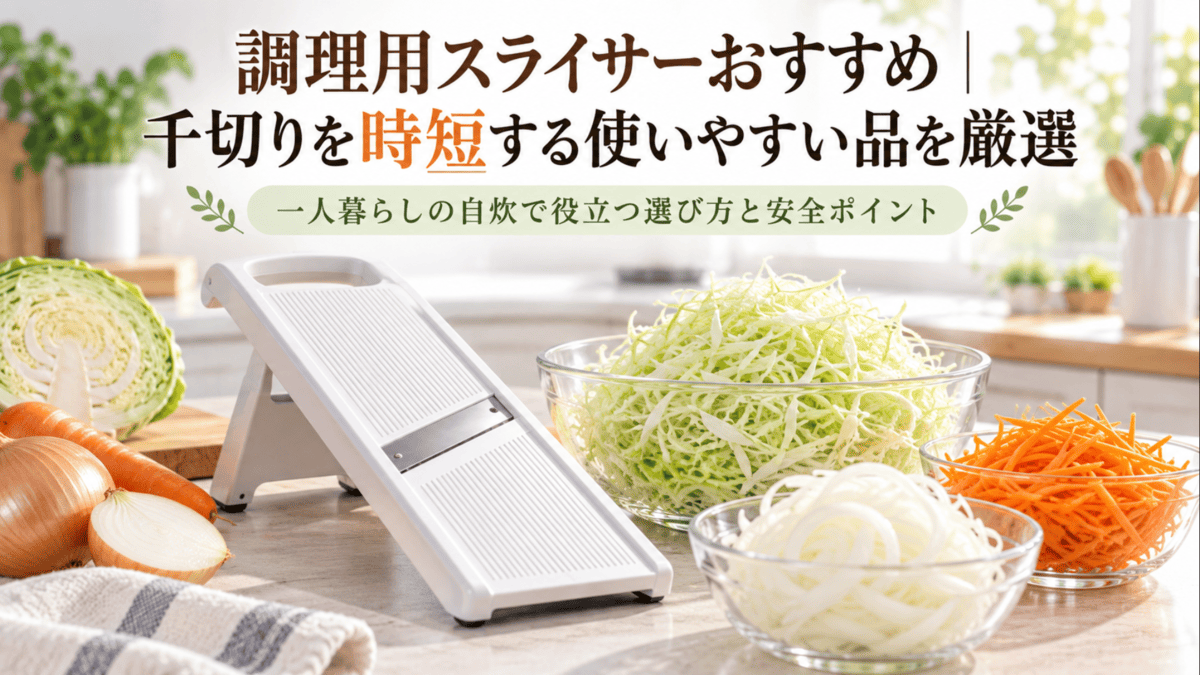 調理用スライサーと千切りキャベツ、薄切り玉ねぎ、千切りにんじんを並べた調理風景