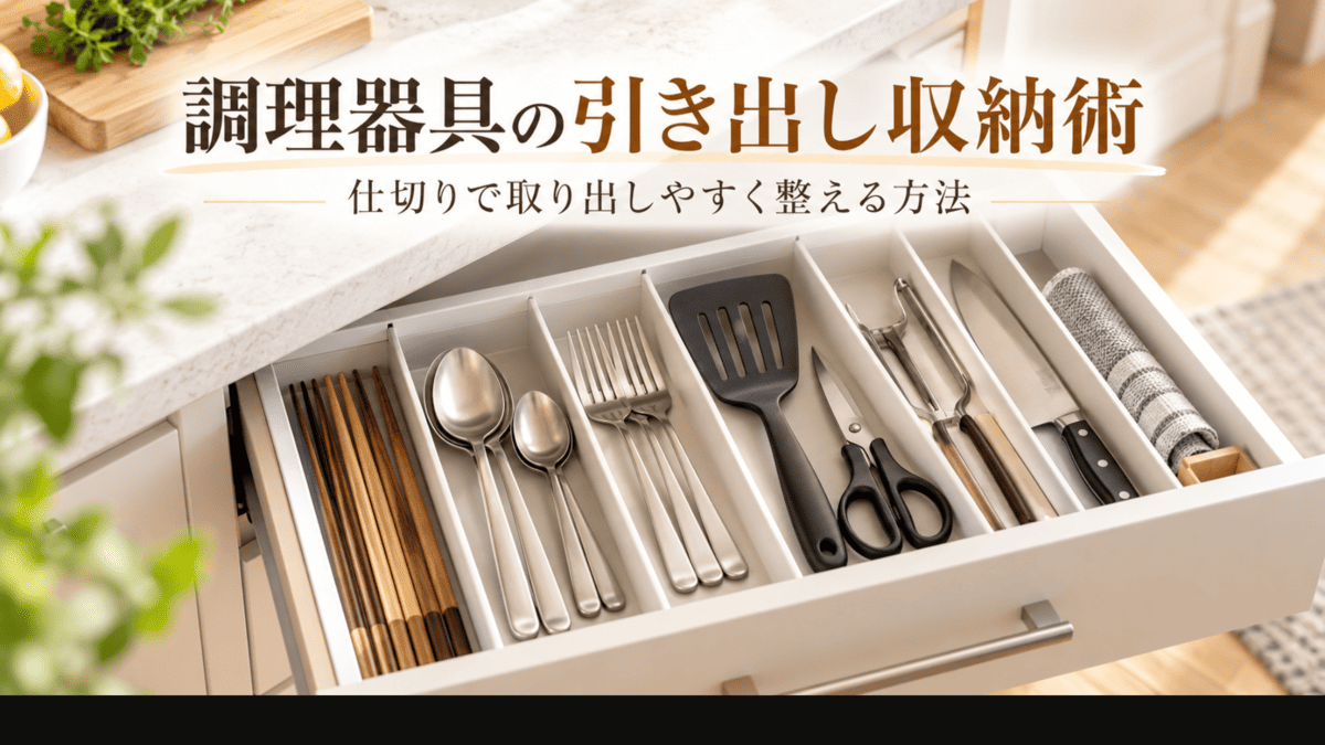 仕切りケースを使って包丁や箸、スプーン、キッチンツールを取り出しやすく収納したキッチンの引き出し