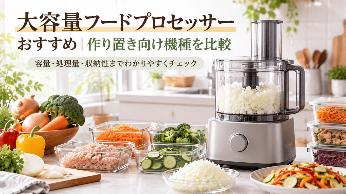 大容量フードプロセッサーで玉ねぎや野菜、鶏肉をまとめて下ごしらえし、保存容器に作り置きしているキッチン