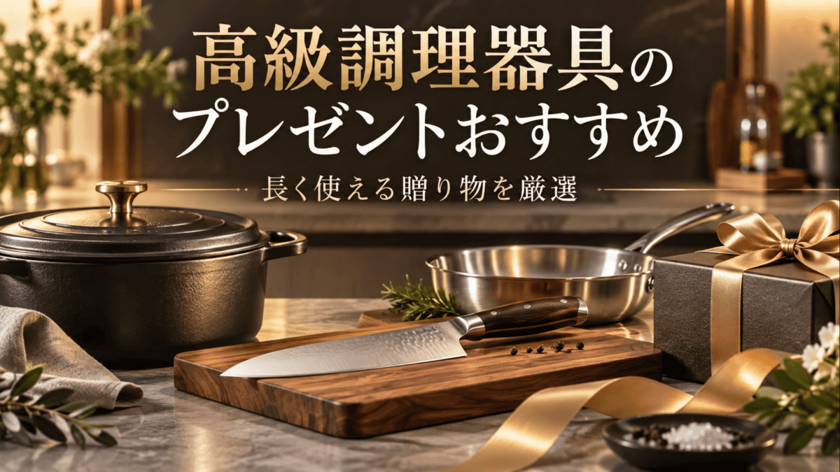高級調理器具のプレゼントをイメージした包丁・鍋・フライパンとギフトボックス