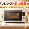 オーブンレンジが安い時期やセールの買い時をイメージした、キッチンのオーブンレンジと貯金箱、コインの画像