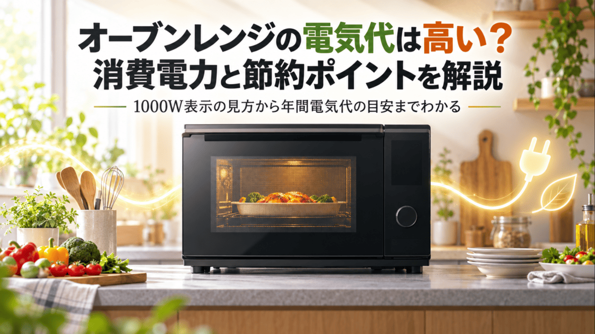 明るいキッチンのカウンターに置かれた黒いオーブンレンジと、電気代や省エネをイメージした演出を組み合わせたアイキャッチ画像