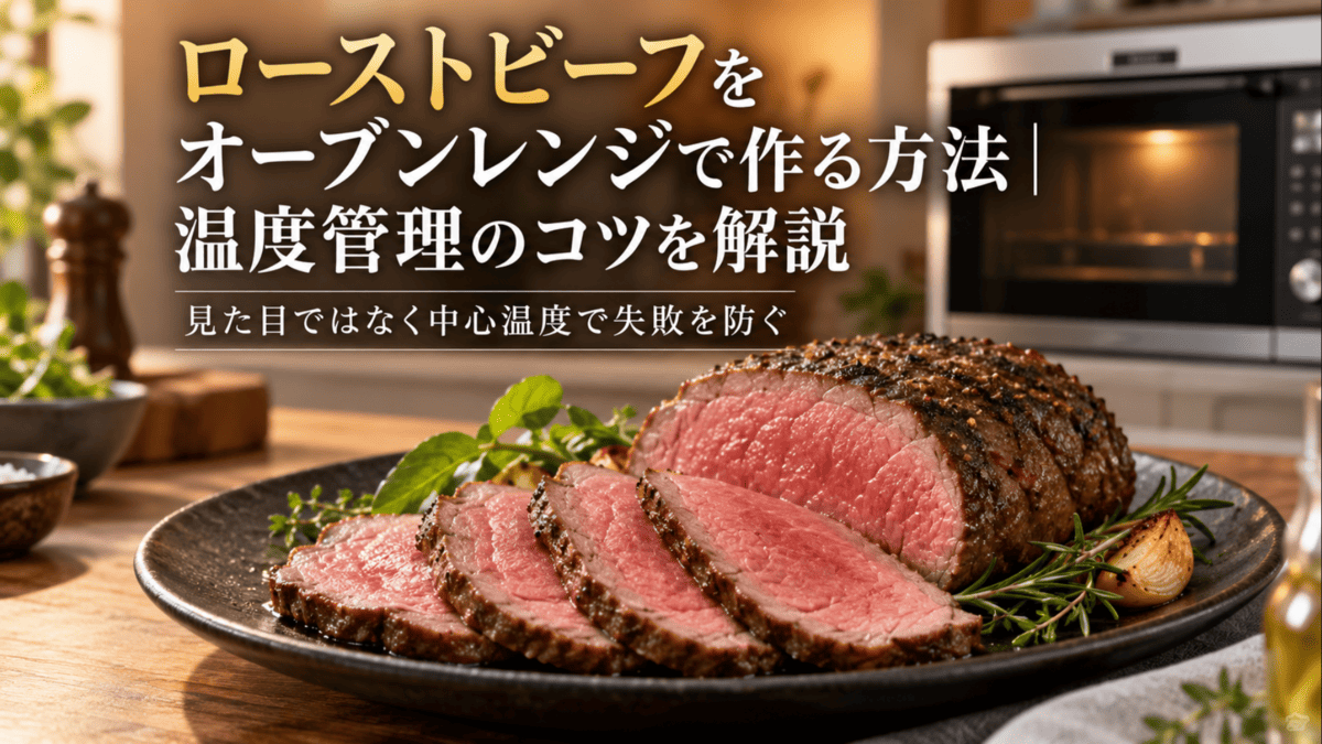 オーブンレンジで焼き上げ、中心がピンク色に仕上がった手作りローストビーフ