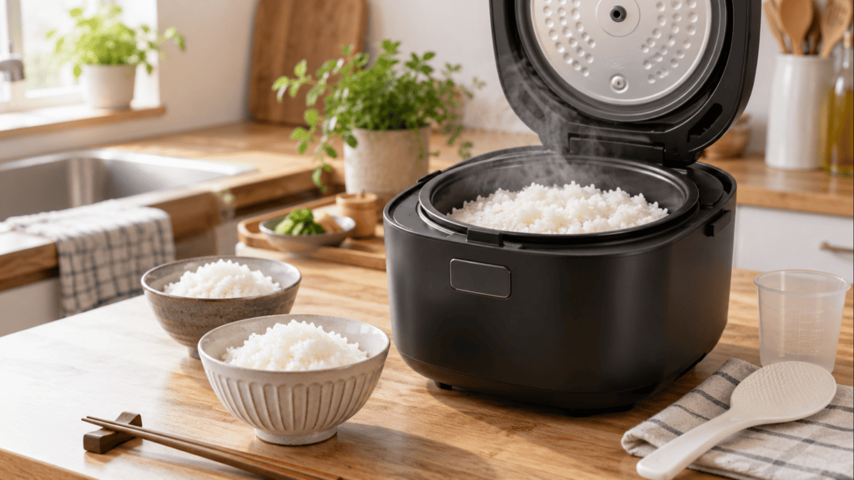 一人暮らし向けの圧力IH炊飯器で炊き上がった白米と茶碗に盛ったご飯