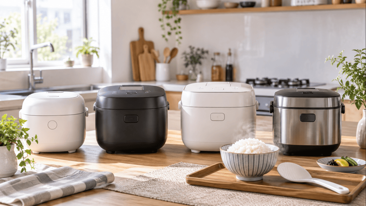 一人暮らし向けの炊飯器メーカーを比較するために複数のコンパクト炊飯器を並べたイメージ