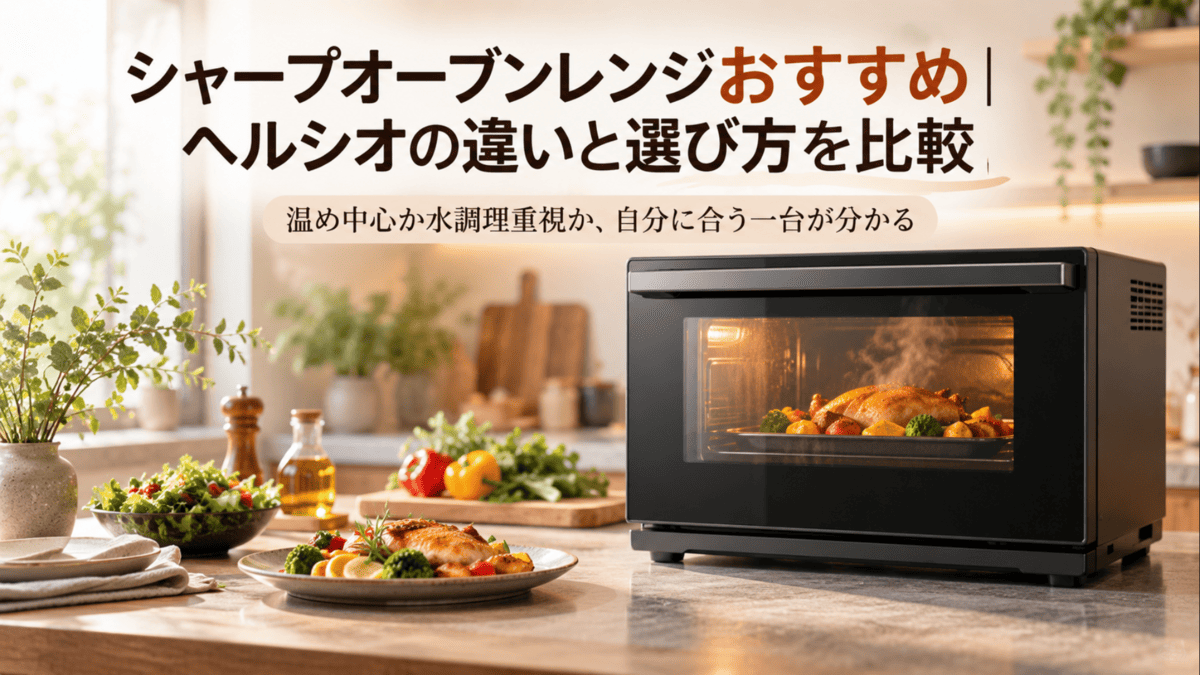 シャープのヘルシオやオーブンレンジ選びをイメージした、ロースト料理を調理中の黒いオーブンレンジとキッチン