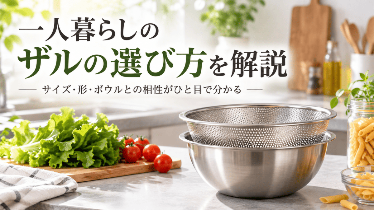 一人暮らし向けのステンレス製ザルとボウルを重ねた省スペースなキッチン用品