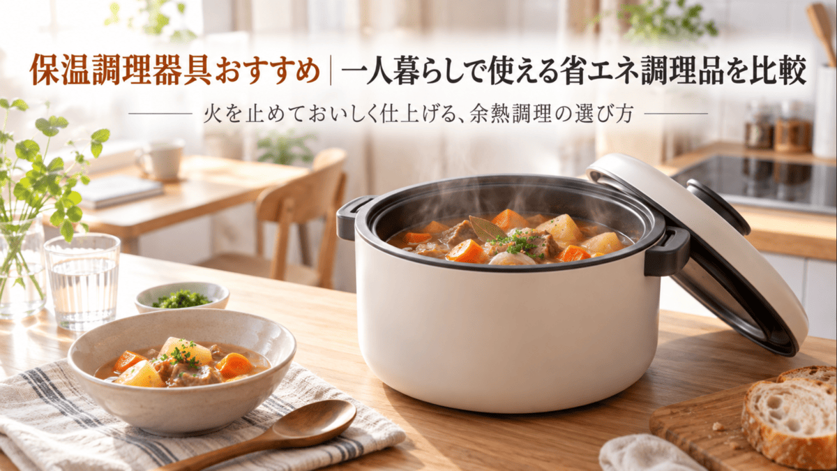 一人暮らし向けの保温調理器具で余熱調理する煮込み料理のイメージ