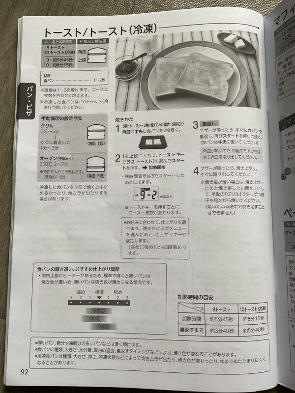 東芝オーブンレンジER-YD70-Kの取扱説明書に掲載されたトーストと冷凍トーストの焼き方