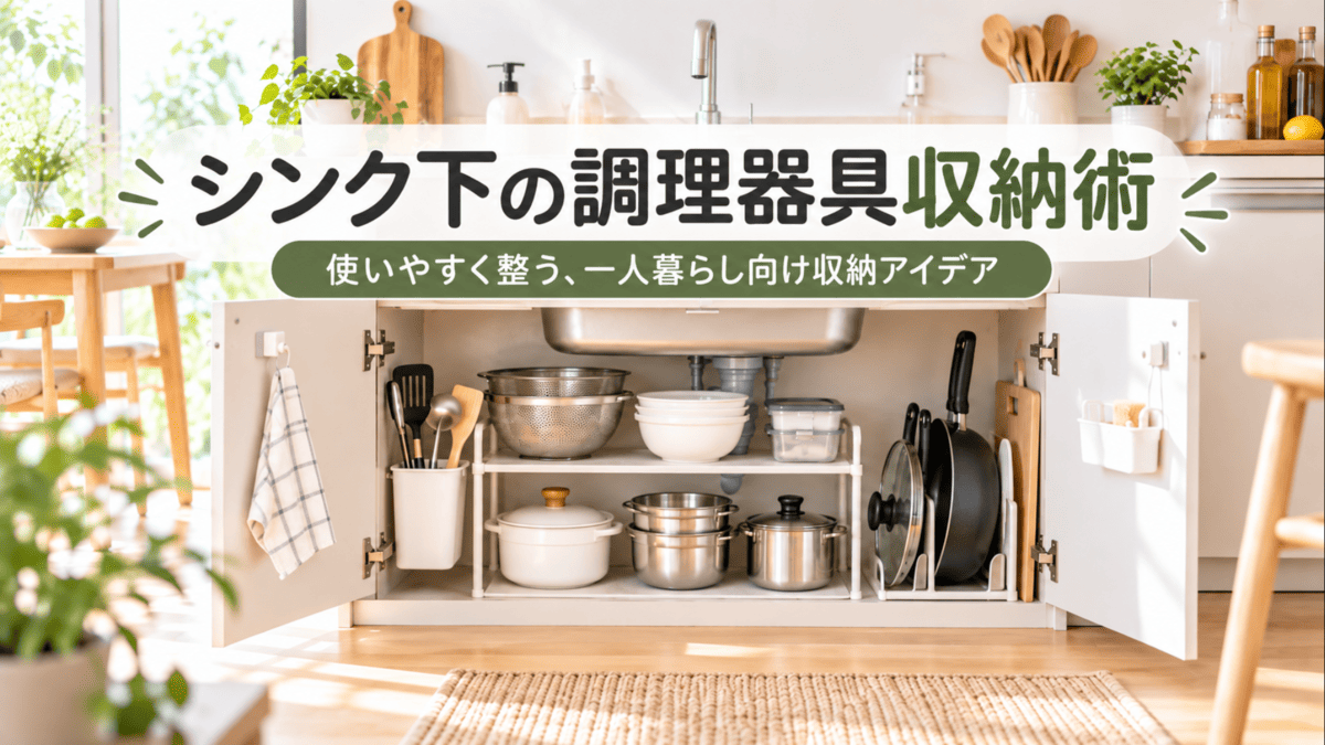 一人暮らしのキッチンでシンク下に鍋やフライパン、ボウルなどの調理器具を収納した様子
