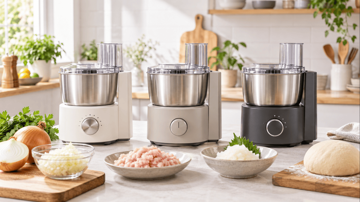 山本電気フードプロセッサー3機種を比較するイメージと玉ねぎ・ひき肉・大根おろし・パン生地